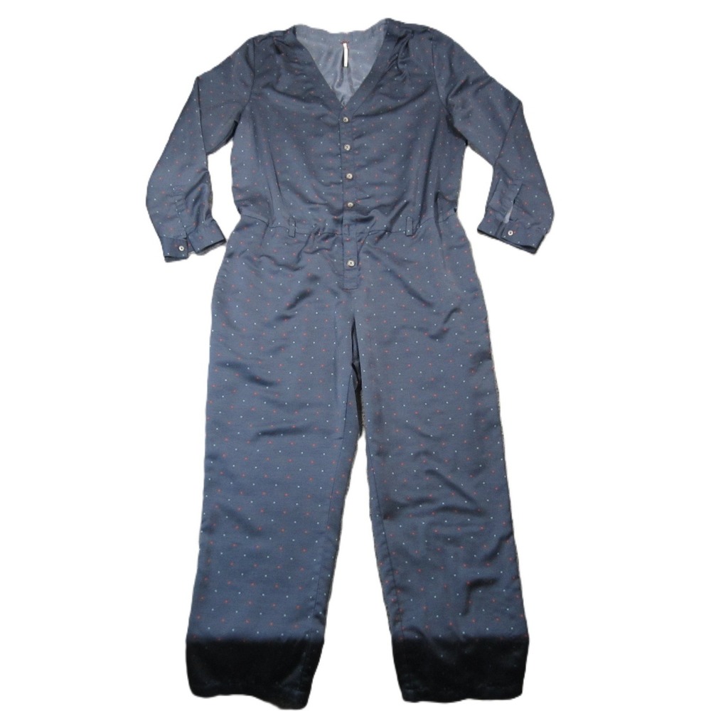 Free People Jumpsuit M Navy Polka Dot Long Sleeve Button Up Utility Artsy Indie
